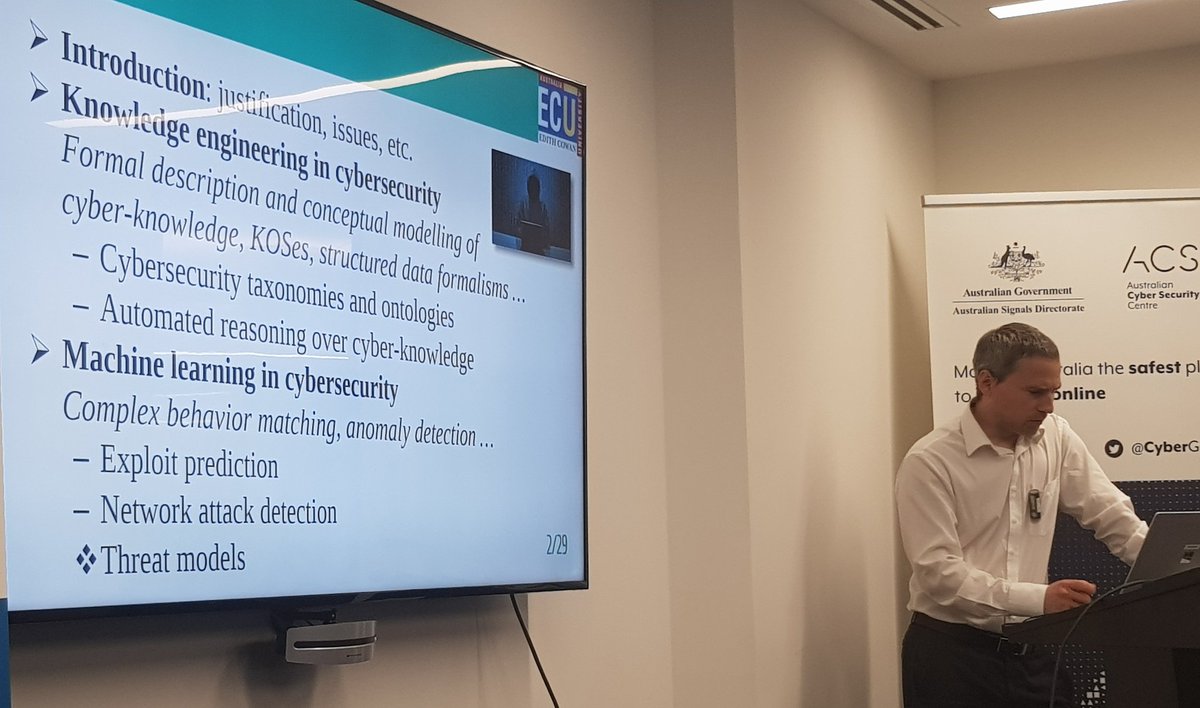 CraigValli's tweet photo. Dr Leslie Sikos from @ECUSRI giving his talk on Use of artifcial  intelligence application in cyber securty @EdithCowan. #ACCSE @ACS #cybersecurity Thanks Perth JCSC for venue, https://t.co/vLY94gZb5w