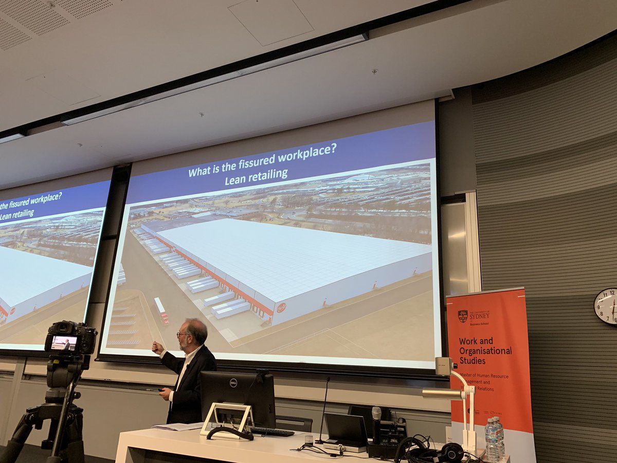 Raecooper1's tweet photo. #lafferlecture Prof David Weil argues that fissuring of work most obvious in lean retail but is now encroaching on jobs in law and in medical jobs @Sydney_Uni https://t.co/cjV5IUkqKm