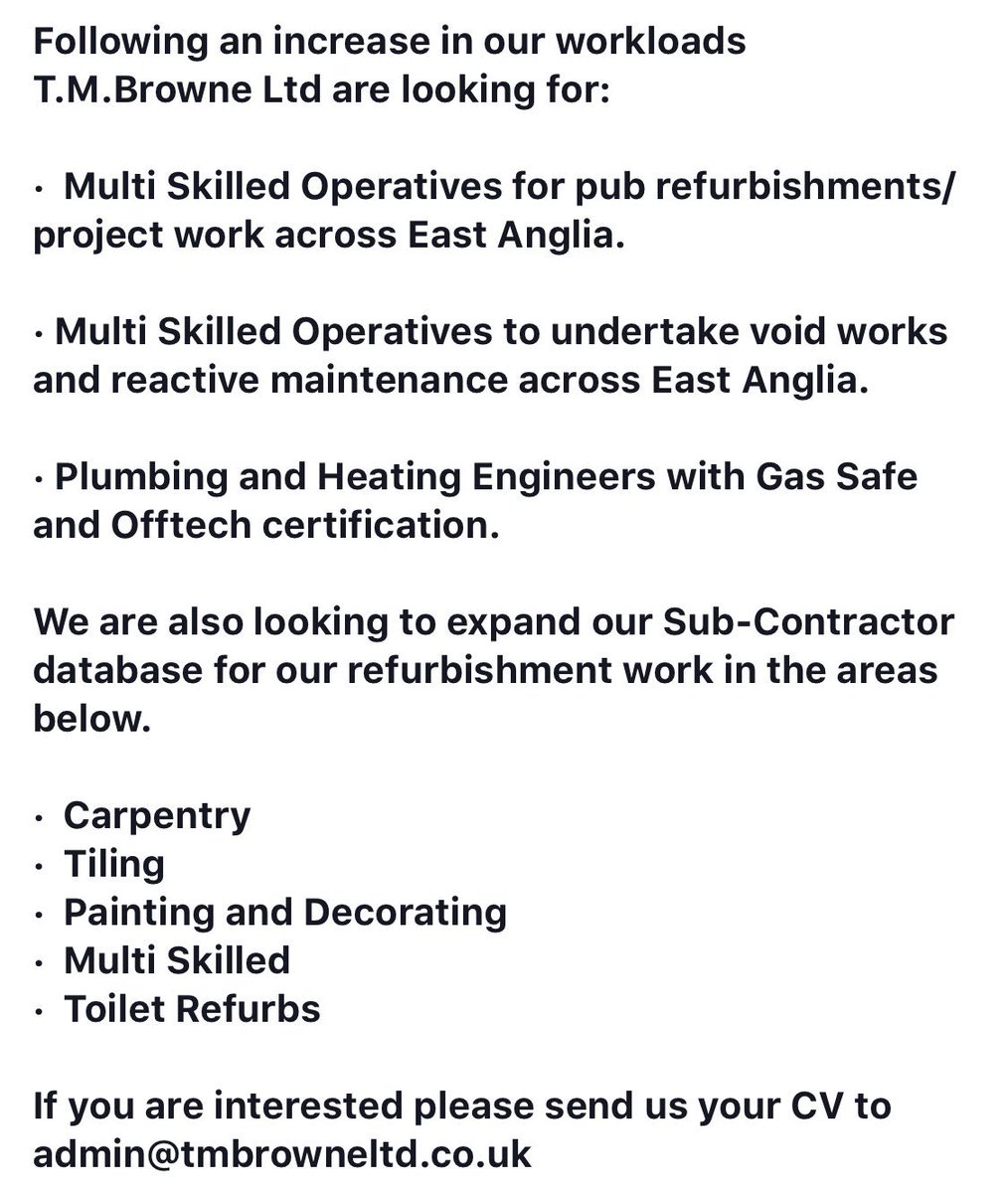 ⚠️WE ARE HIRING ⚠️
 
If you are interested please send us your CV to admin@tmbrowneltd.co.uk           #jobs #Recruiting #KingsLynn #Norfolk #EastAnglia