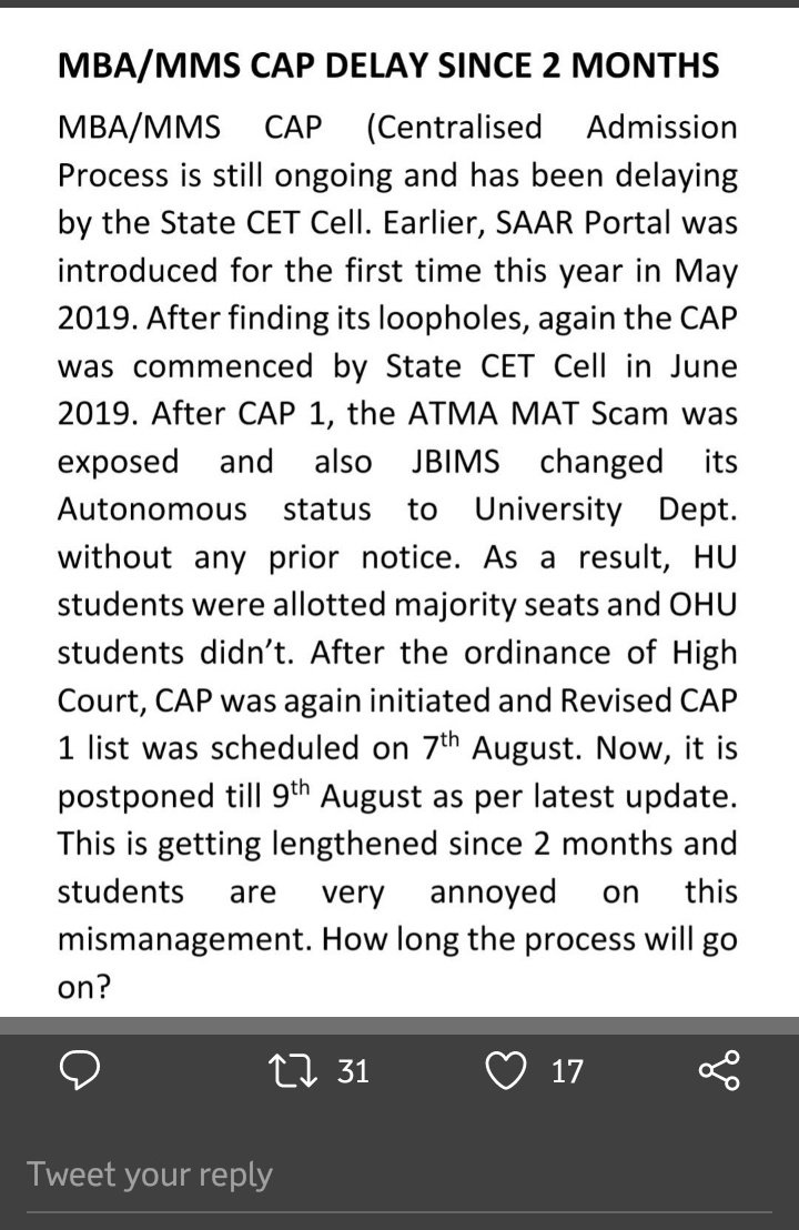 JyotiDhage5's tweet photo. #MBADelay DTE cell playing with our career doing this delay...its really affecting our career our future plan and everything @ABPNews @aajtak @ndtv @abpmajhatv @abpmajhatv @indiatvnews https://t.co/M2f4JTc79d