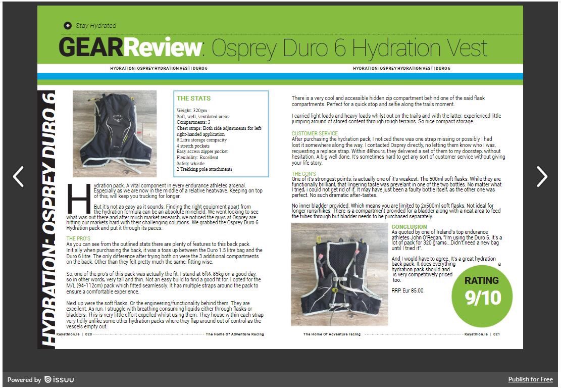 With this warm, humid weather it's so important to stay well hydrated when out on the trails...

In the latest issue of the Kayathlon magazine, we put the Osprey Duro 6 Hydration Vest to the test 

Check out our review of it here 😁

kayathlon.ie/magazine-12/

#stayhydrated