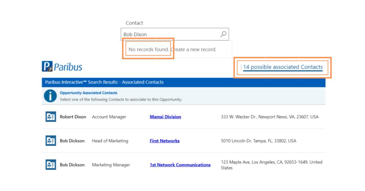 Paribus365's tweet photo. Look at these two searches of #Dynamics365. They're for the same person, in the same system, different results?? How can this be? We're spilling the beans in our #webinar next week! Don't miss it: https://t.co/ubKdWyPzjB #Lookup #DataQuality https://t.co/Y5BRD7NMLl