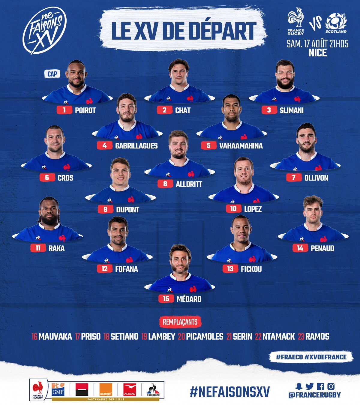 í¸ìí°ì France Rugby ë Voici Votre Equipe Pour Ce Premier Match De Preparation A La Coupe Du Monde Samedi Soir A Nice Contre L Ecosse Allez Les Bleus Nefaisonsxv