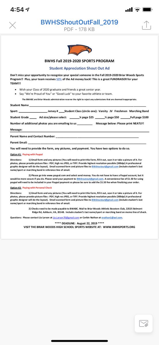 Don’t forget to get your Shout Out in the Fall Sports Program !!!