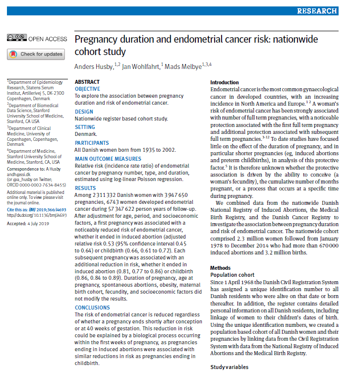 SSI_AEF's tweet photo. Our paper “Pregnancy duration and endometrial cancer risk: nationwide cohort study" is online at @bmj_latest. We find that pregnancy is associated with reduced endometrial cancer risk, regardless of pregnancy duration.
@a_husby @mmelbye @ssi_aef #epitwitter 
1/3 https://t.co/Anmz6l5Qpz