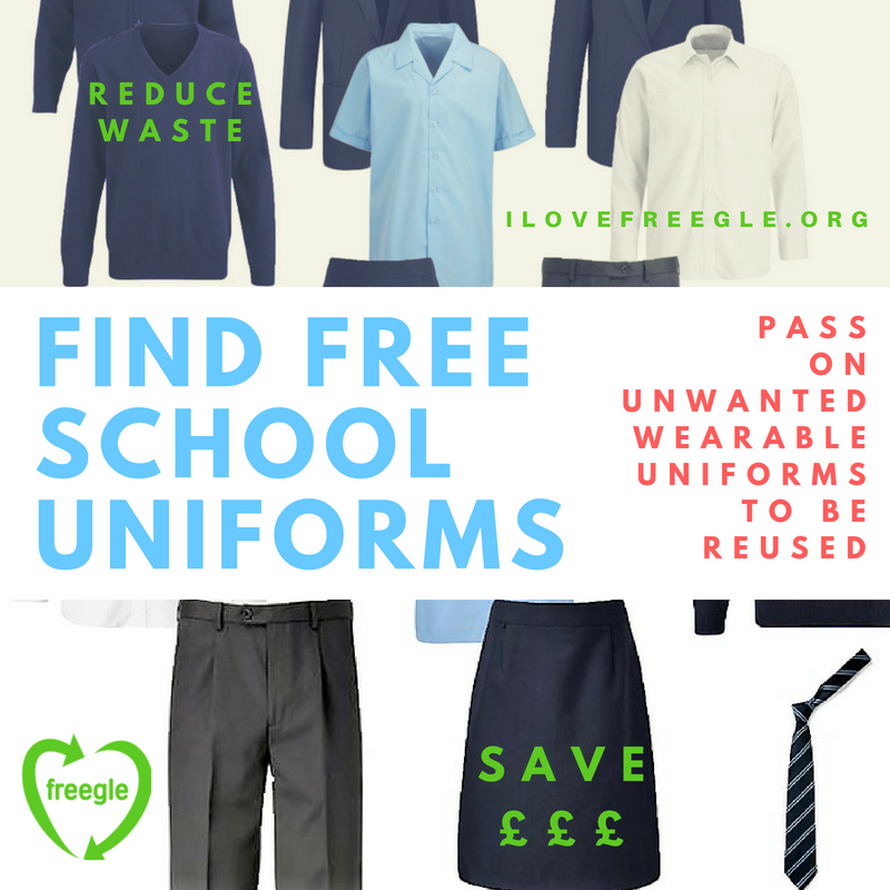 thisisfreegle's tweet photo. Have you got unwanted but wearable school uniforms lying about?
List them today on your #freegle #community so they can be #reused locally! https://t.co/VVH9wVldHO
#ChoosetoReuse #WasteNot #LoveFreegle #BackToSchool #SaveMoney
#ReduceWaste #HelpLocals #FeelGood https://t.co/QhaZlCOPYX