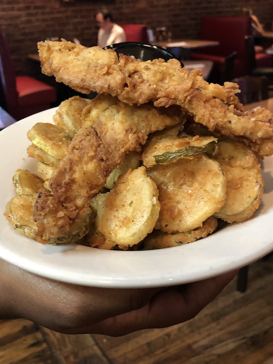 DBAbarbecue's tweet photo. This is fried pickles. And, what is that? Battered Fried Bacon. #bacon #fried #pickles #snacks #dbabbq #DBA https://t.co/qlb43NqgkB