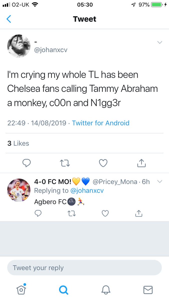 JCTHFC's tweet photo. This is a fucking disgrace,worst thing about it is it’s not just white people calling him it either the kids 21 years of age he shouldn’t have to put up with this shit for missing a penalty,fucking hate Chelsea proper shithouse football club https://t.co/Gd0dH7b5SK