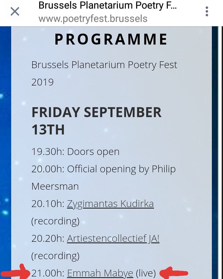 EmmahMabye's tweet photo. In a media interview with Siphindile last year, wherein she was talking about #PoetryAfrica fest, I remember 1 statement she made:
The poets invited are of an international calibre!
I'll be showcasing at this year's Brussels Planetarium Poetry Festival.
#Poetry #ToEurope https://t.co/IMYEY6769P