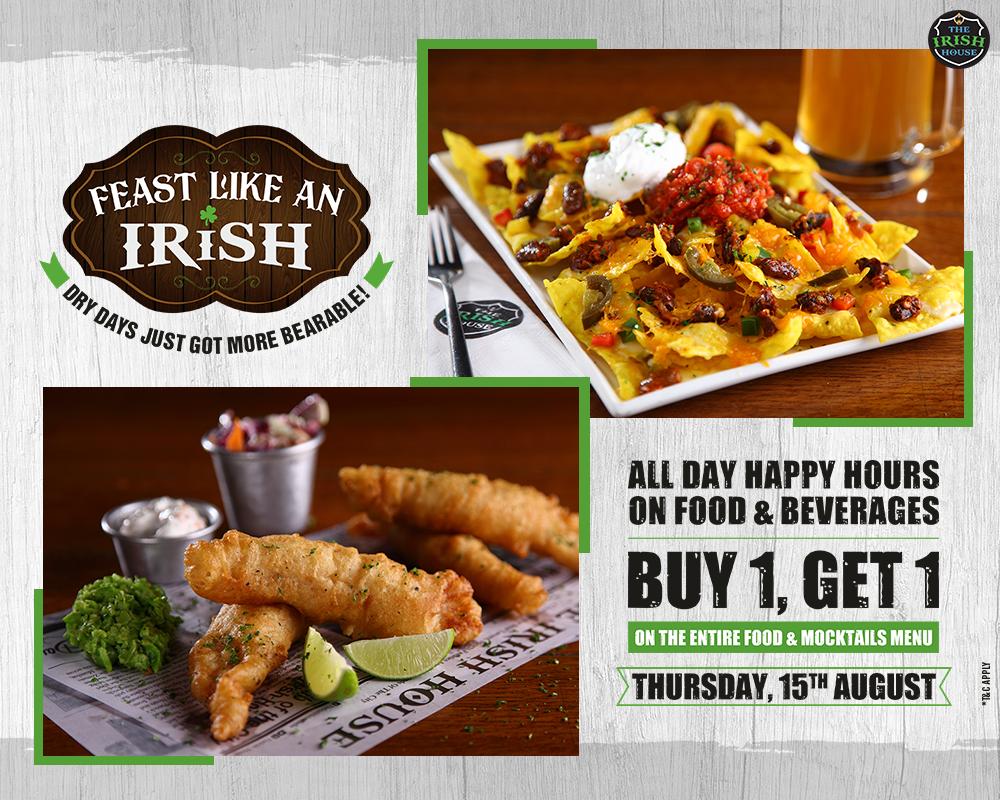 theirishhousein's tweet photo. Let the celebrations begin with an incredible deal that you just cannot resist! Head over today with your folks for unconditional happy hours on the entire food menu, and #FeastLikeAnIrish 

#IrishHouse #BeingIrish #DryDayAlert #DryDay #HappyHours https://t.co/0JMyxe3XMf