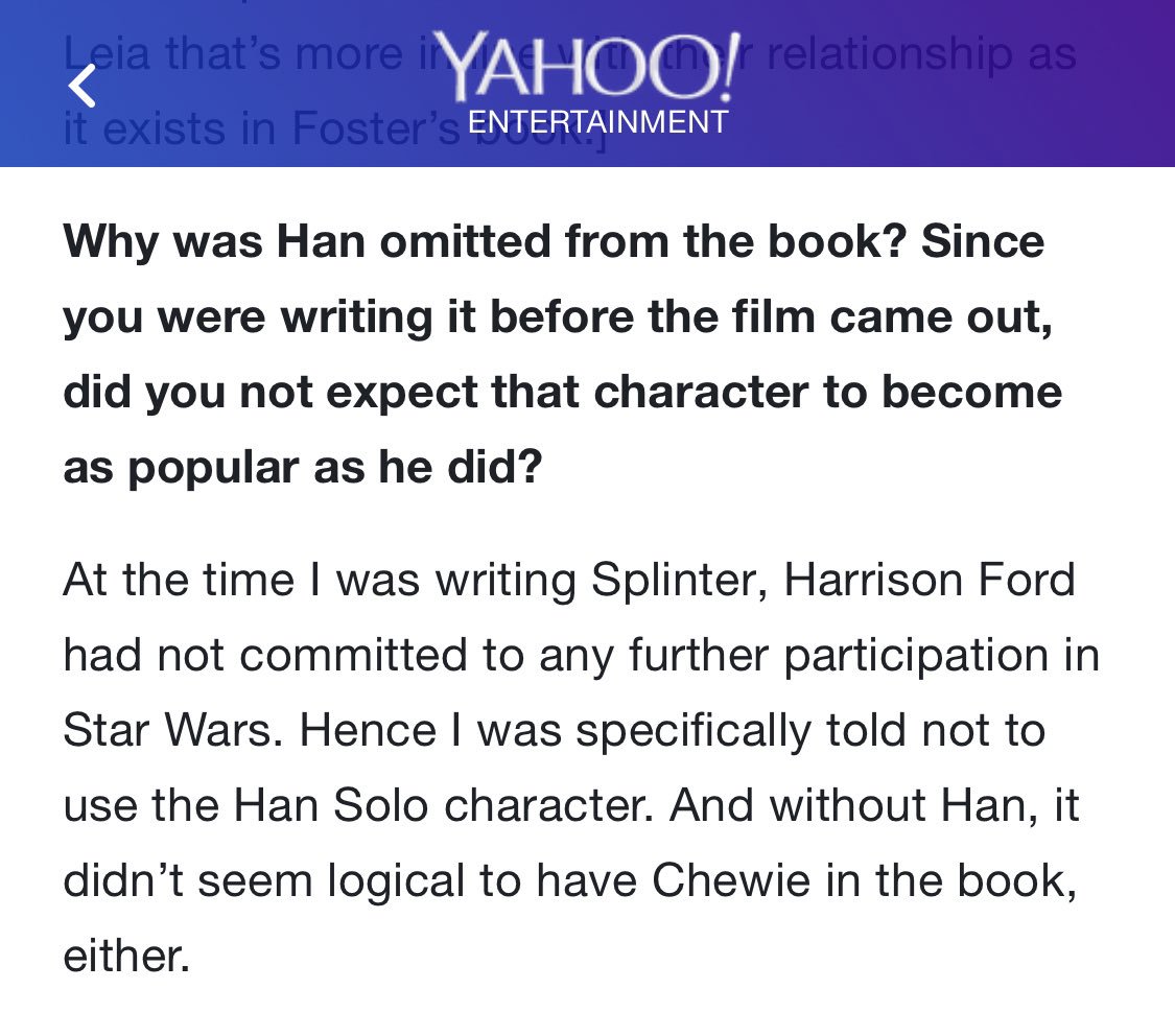 2. Prior to the wide release/success of  #StarWars, Alan Dean Foster wrote a low-budget potential sequel, published in March 1978 as Splinter of the Mind’s Eye. According to Foster, he was specifically told not to include Han Solo because Ford hadn’t committed to more films.