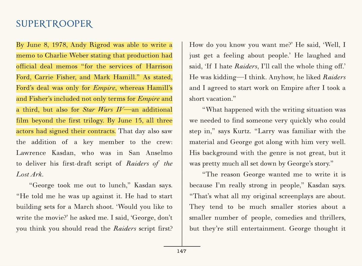 3. In the late-November 1977 ESB story conference, George Lucas spoke of rounding out Han’s character with someone from his past, a gambler. No mention of the gambler replacing Han Solo. 4. Ford happily returned for  #EmpireStrikesBack, signing his contract in June 1978.