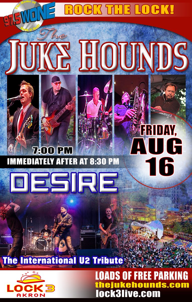 TheJukeHounds's tweet photo. Friday, August 16

Taste Of Ireland &amp; @975WONE Rock the Lock with @TheJukeHounds opening for Desire the U2 Tribute Act.

Gates at 5:30 PM
Showtime 7 PM
FREE!

Hosted by Jeff Kinzbah

Bring blankets, chairs &amp; a good attitude!

@Lock3Akron
Downtown Akron next to the @akroncivic https://t.co/BrMOaqHnUf