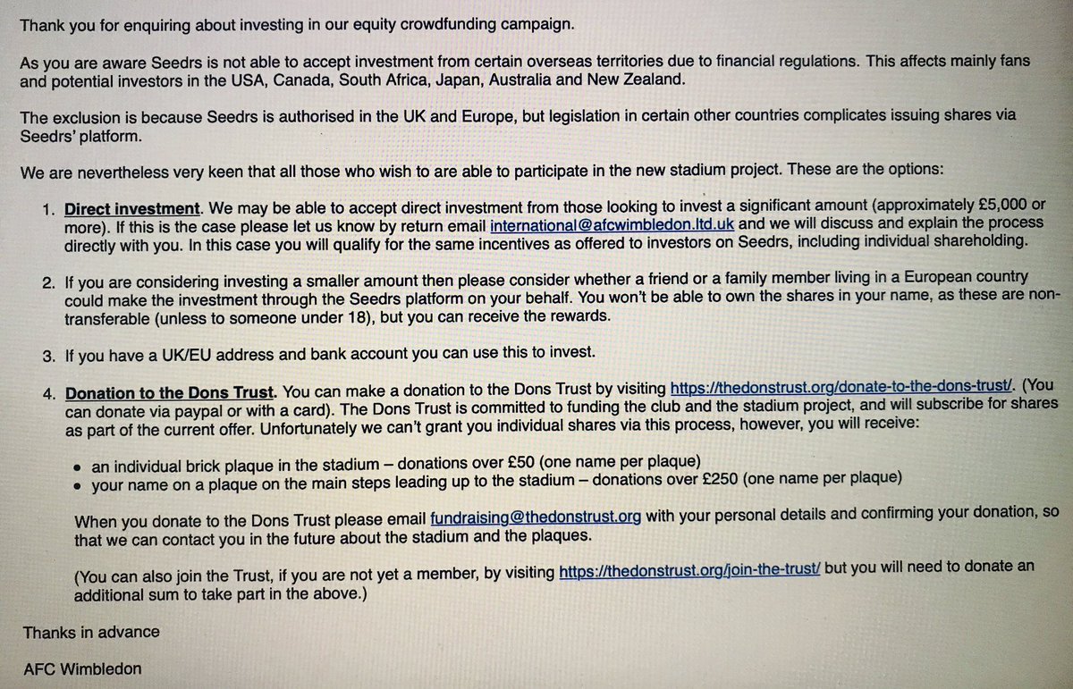 KentWomble's tweet photo. Information and the options available for AFC Wimbledon fans based overseas wishing to contribute to crowdfunding the Dons new stadium at Plough Lane. #Nerdfighters 👇 https://t.co/0sekmQTvSF