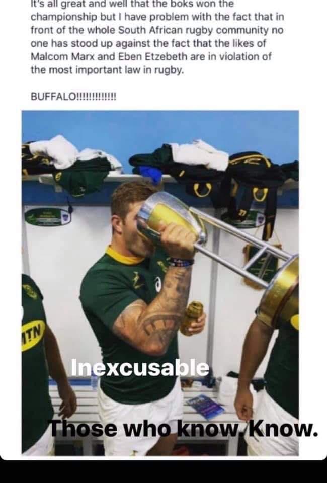 DjjMikeK's tweet photo. @Springboks We are really proud of our boys but they need to own up to breaking the biggest drinking rule in rugby.the nation has called buffalo and he is double parked. Congrats boys.time to man up!!!! https://t.co/lMPKOx2t2p