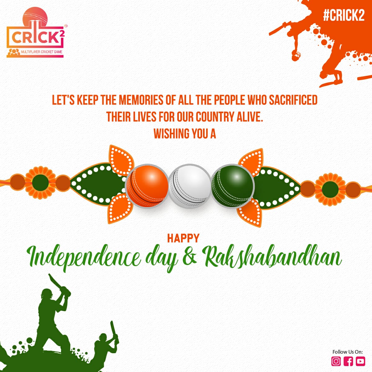 Crick2Game's tweet photo. Team #Crick2 Wishes You All A Very Happy Independence Day 2k19 & Happy Rakshabandhan 2k19.
https://t.co/M5TMApR3S4 https://t.co/yCy0LxaqIT