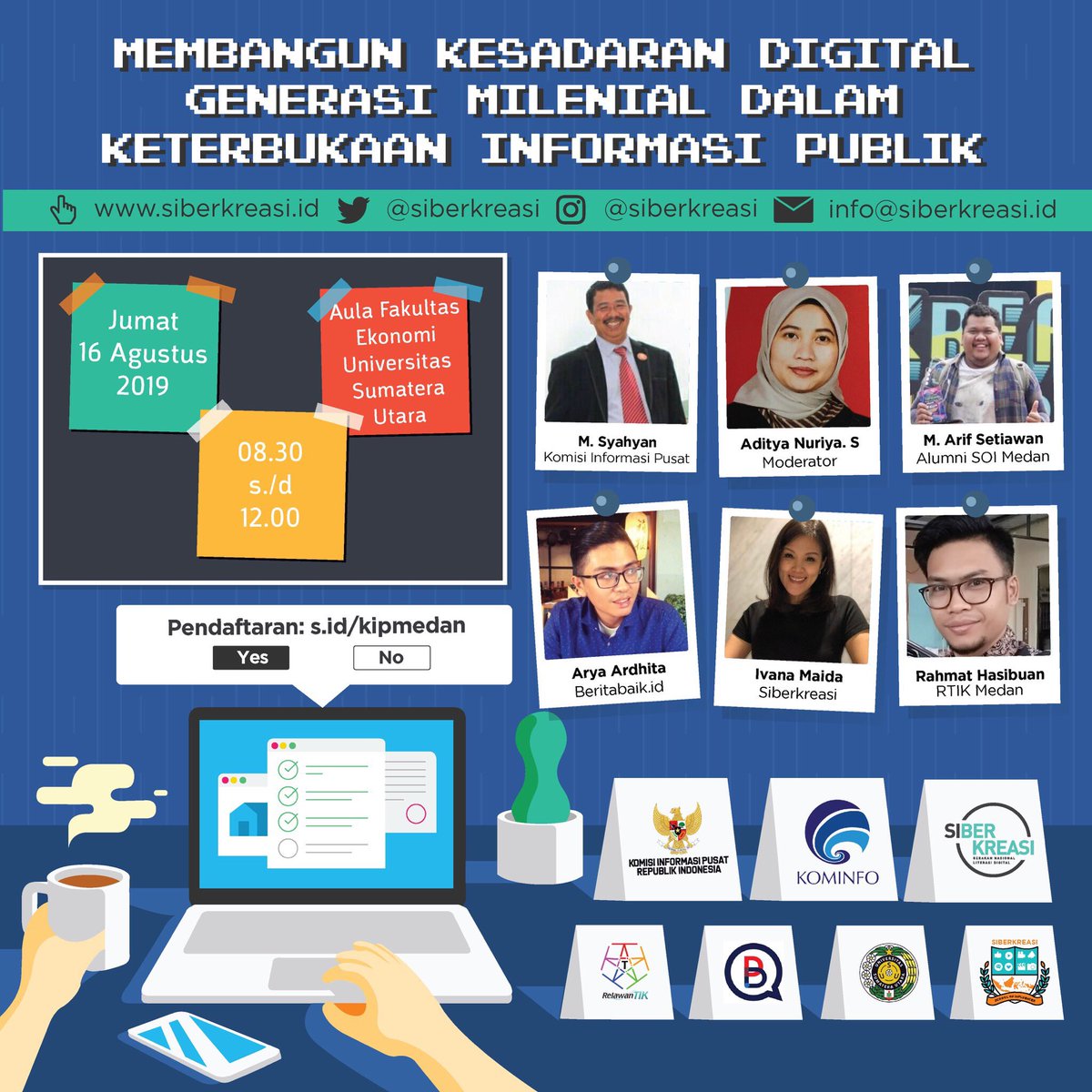 SiBerkreasi's tweet photo. Yuk, ikuti diskusinya besok (16/8) bersama @komisiinformasipusat, @beritabaik.id dan @relawantik di Aula Fakultas Ekonomi, Universitas Sumatera Utara, Medan.  Daftarkan dirimu segera di https://t.co/FliwjuyqE5, gratis! 
#KeterbukaanInformasiPublik #LiterasiDigital #Siberkreasi https://t.co/Sj4aM0gzF5