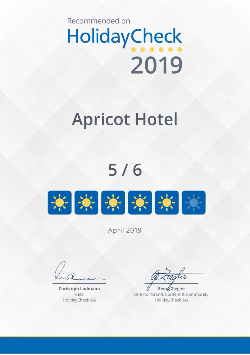 apricothotel's tweet photo. Apricot Hotel is glad to be one of the highly rated hotels on #HolidayCheck in 2019 https://t.co/Py3HsyLfzd