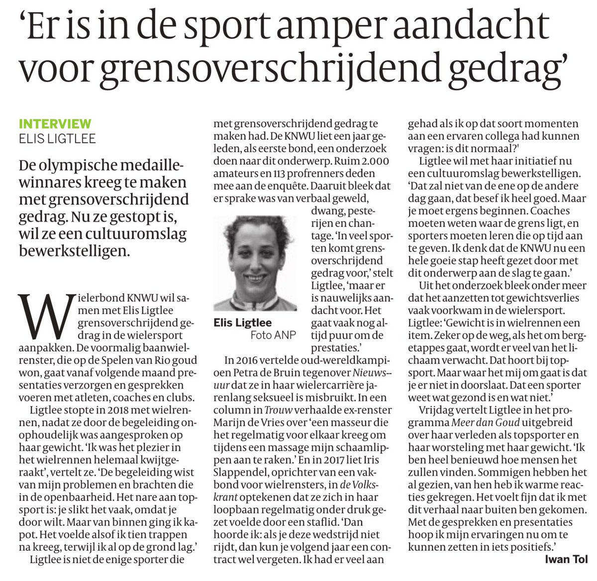 voshans's tweet photo. De gestopte baanwielrenster Elis #Ligtlee, die goud won bij de Zomerspelen van Rio in 2016, kreeg in haar carrière te maken met grensoverschrijdend gedrag. Nu wil zij een cultuuromslag bewerkstelligen, laat zij weten in interview met @IwanTol in @volkskrant.
#wielrennen #cycling https://t.co/hC1J04BO3m
