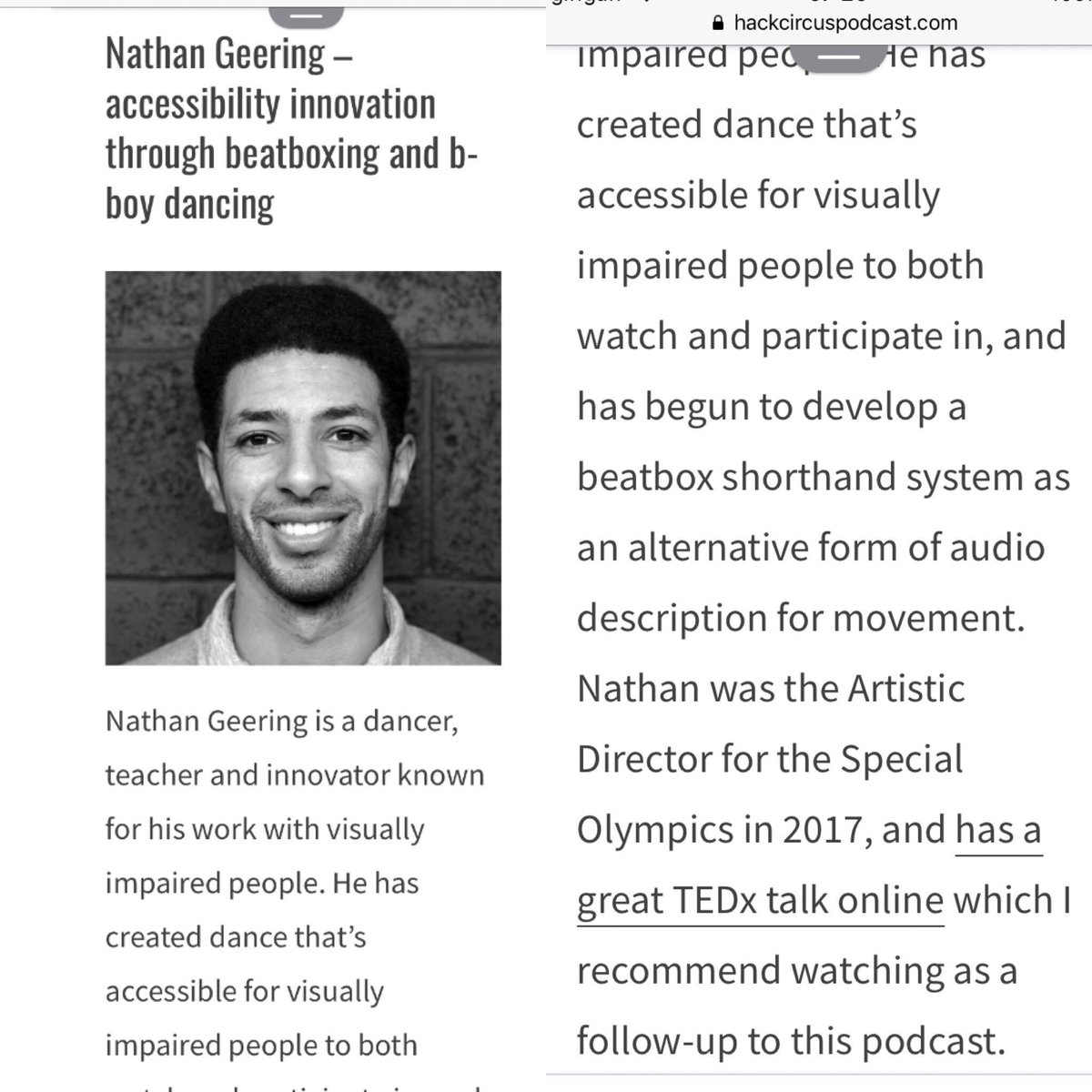 hackcircus's tweet photo. 💥New episode!💥It’s the incredible #NathanGeering! He’s a #dancer, #teacher and accessibility #innovator, has created a #beatbox shorthand system for audio describing movement, was the Artistic Director for the #SpecialOlympics in 2017 & loads more https://t.co/bT7qHLuFBp https://t.co/BSGMoOZgOV