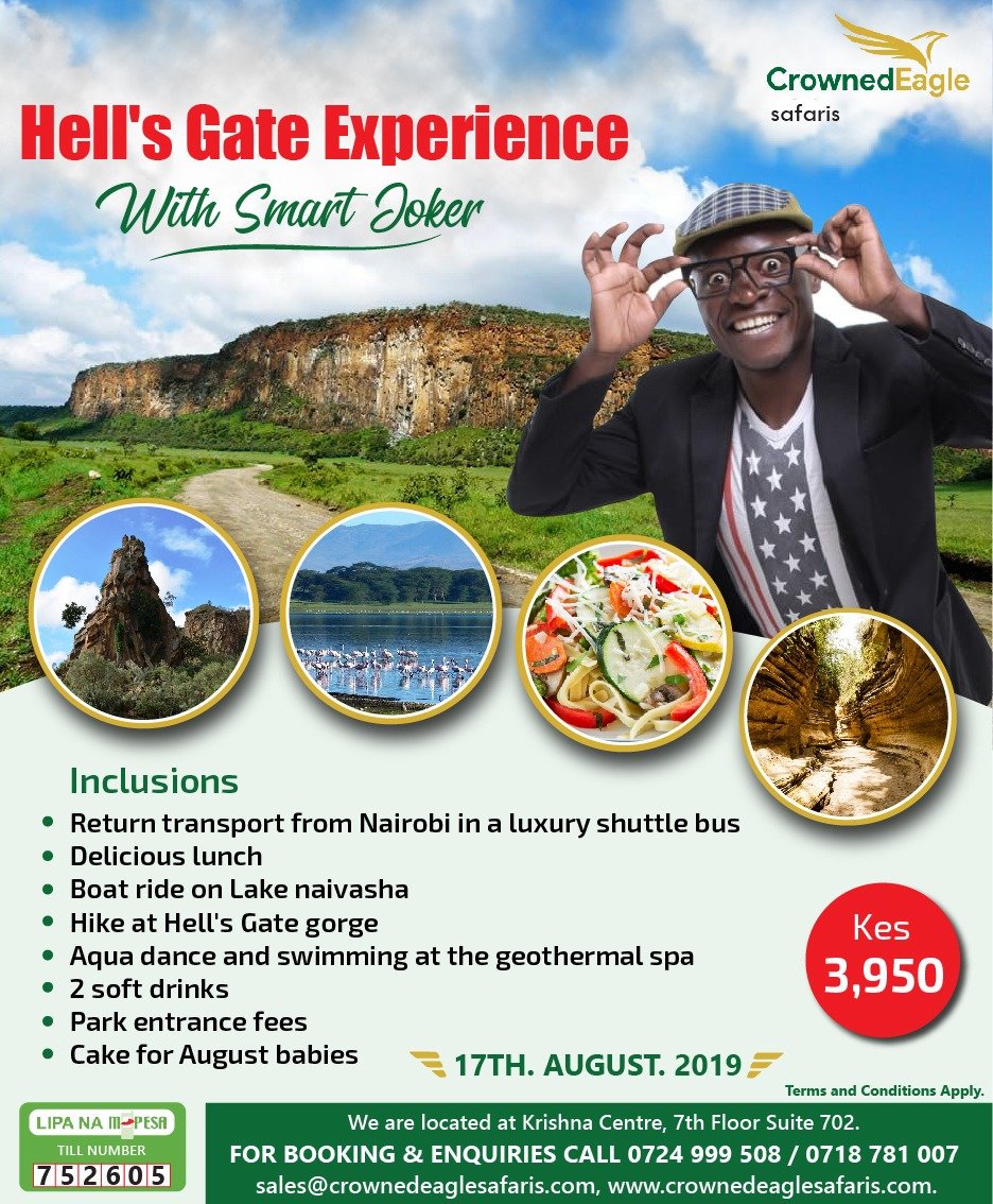 MarkJobs5's tweet photo. It's another month. August babies where are you? @crownedeaglesaf have a plan for you this month. Tell your friend to pack bags for the #HellsGateExperience on 17th August. It will be a day trip with @TheSmartJoker1 mwenyewe. Come join us. At only KES. 3,950 per person.
#MCSK https://t.co/r0Vbi4xlJt