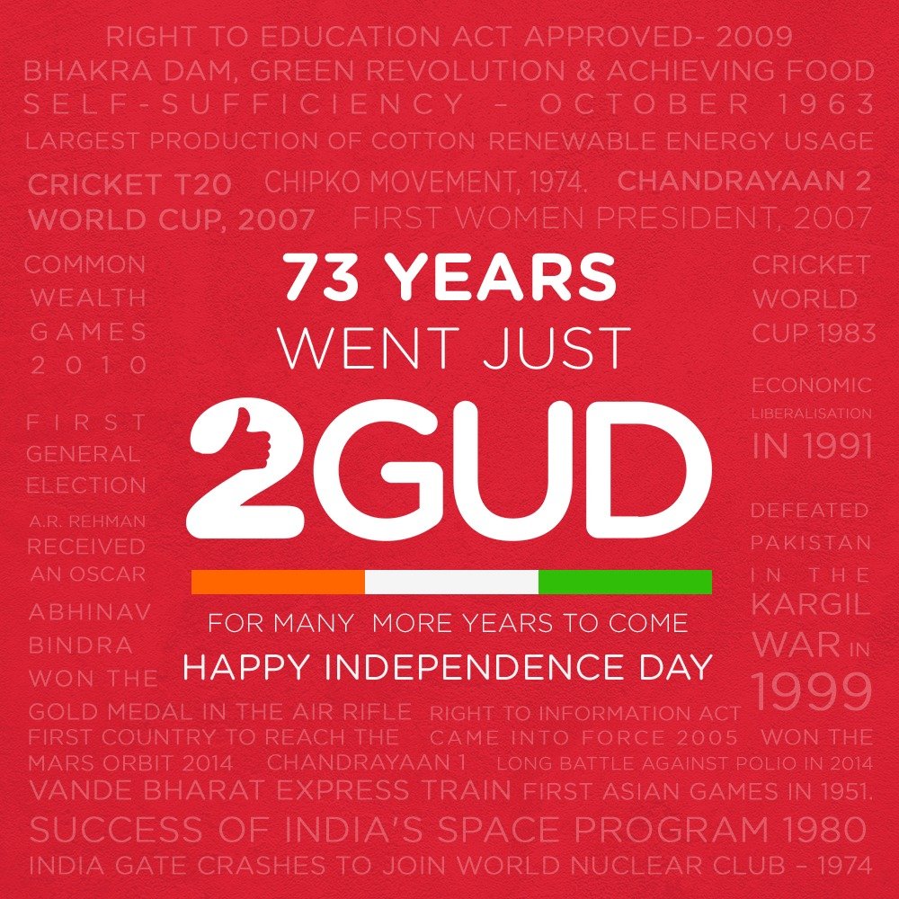 2GUDdotcom's tweet photo. 2GUD ki zubaani, ek naye Bharat ki kahani!
Wishing you all a very #HappyIndependenceDay https://t.co/Tn13Km8J02