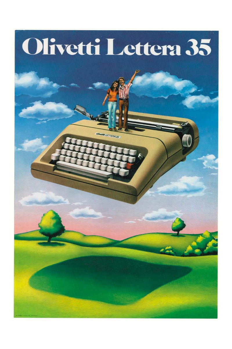 ArchOlivetti's tweet photo. Verde sconfinato, cielo azzurro e una coppia sorridente in volo che saluta 👫🎈
Chissà se #EgidioBonfante aveva in mente la tranquillità estiva durante la creazione questa splendida grafica per la #Olivetti #Lettera35 😄
Un sereno #Ferragosto a tutti! 🌞
#StoriaDiInnovazione https://t.co/fB0T1xot7O