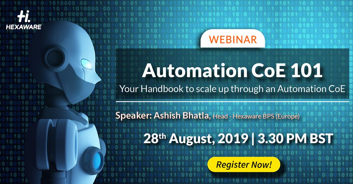 HexawareGlobal's tweet image. Your pursuit for a quintessential #Automation model ends soon! Join us on August 28th for an informative session where Ashish Bhatla endorses robust ideas &amp;amp; real life success stories to help your business grow bit.ly/2N4jKT9
#AutomationCoE #IntelligentAutomation #HiPAS