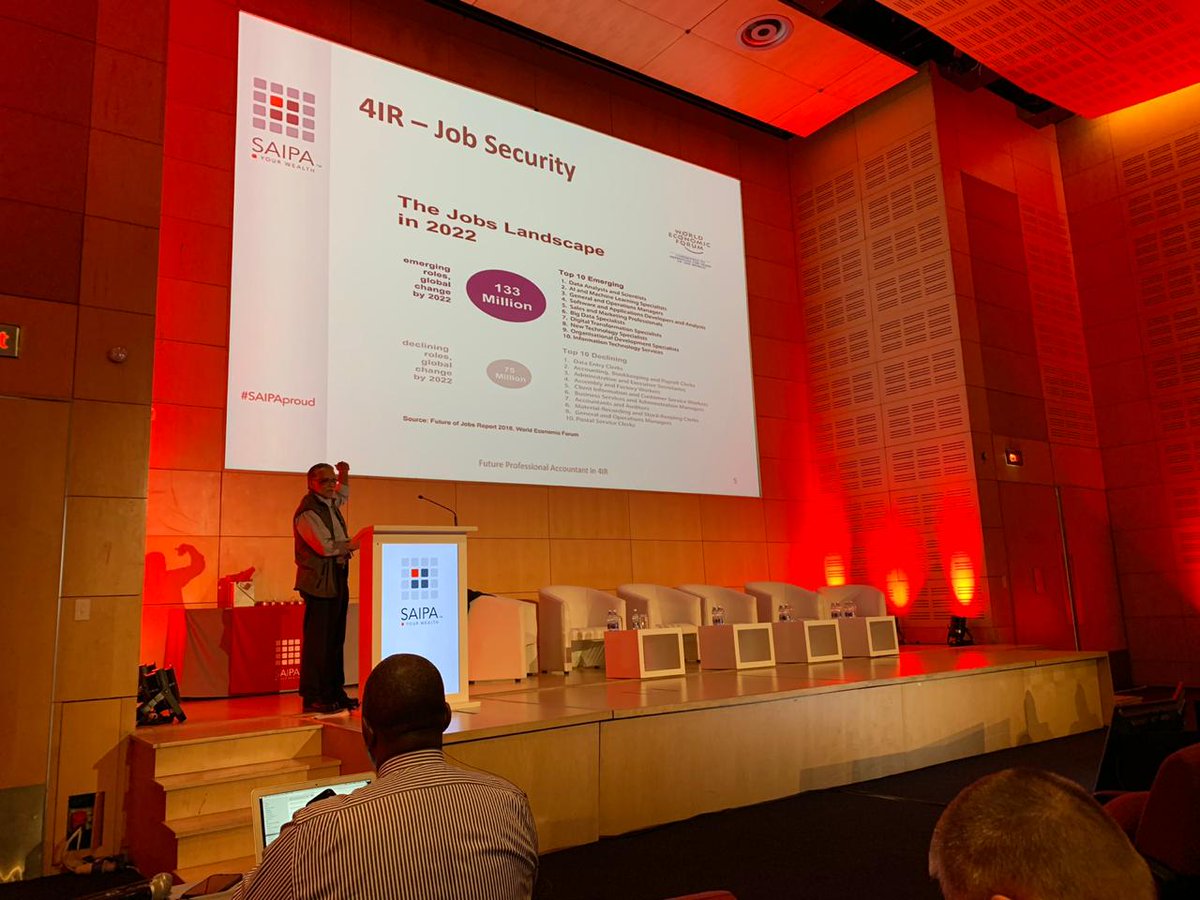 SAIPAcomms's tweet photo. "#4IR disrupts jobs not skills. Professional Accountants should be agile. Our jobs will become more fluid as 67% of what we are doing is automated; therefore we should master communication" - Prof Rashied Small #SAIPAproud #AccountingiNdaba #SAIPAiNdaba2019 https://t.co/6OvfhGiV9t