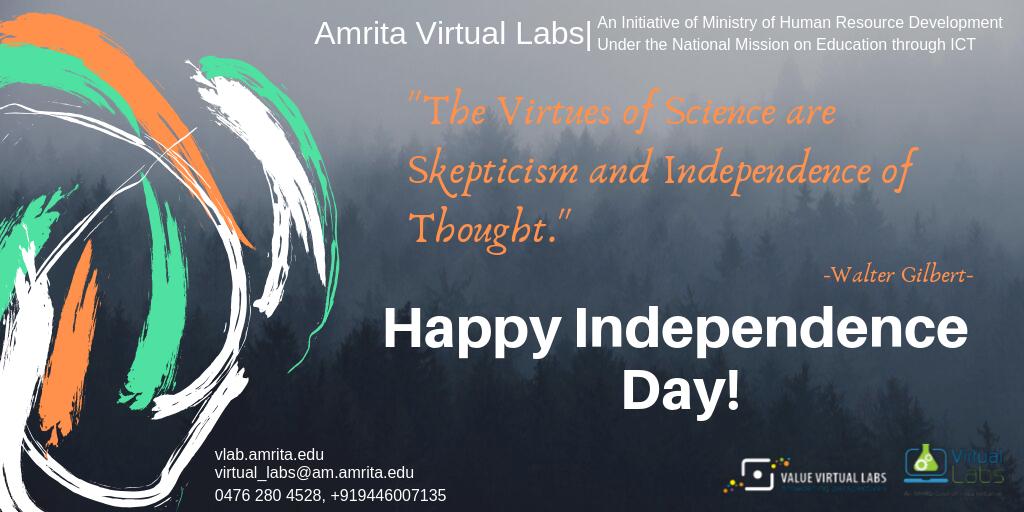 AmritaVLabs's tweet photo. Amrita Virtual Labs wishes everyone a Happy Independence Day.

#virutallabs #nodalcenters #amritauniversity #amritavishwavidyapeetham #MHRD https://t.co/Rl8RZQoHAM