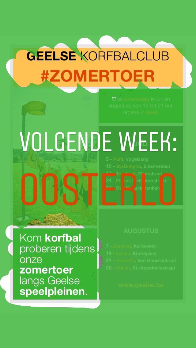 Geelse_Korfbal's tweet photo. #GeelseGaat op #zomertoer! Kom woensdag 21 augustus om 19 uur naar #speelplein #Vanhoornestraat voor een potje #korfbal in #Oosterlo @GeelStad! #Geelse is op zoek naar nieuw #talent! #korfbal #summertime https://t.co/BMfGtcxWgg