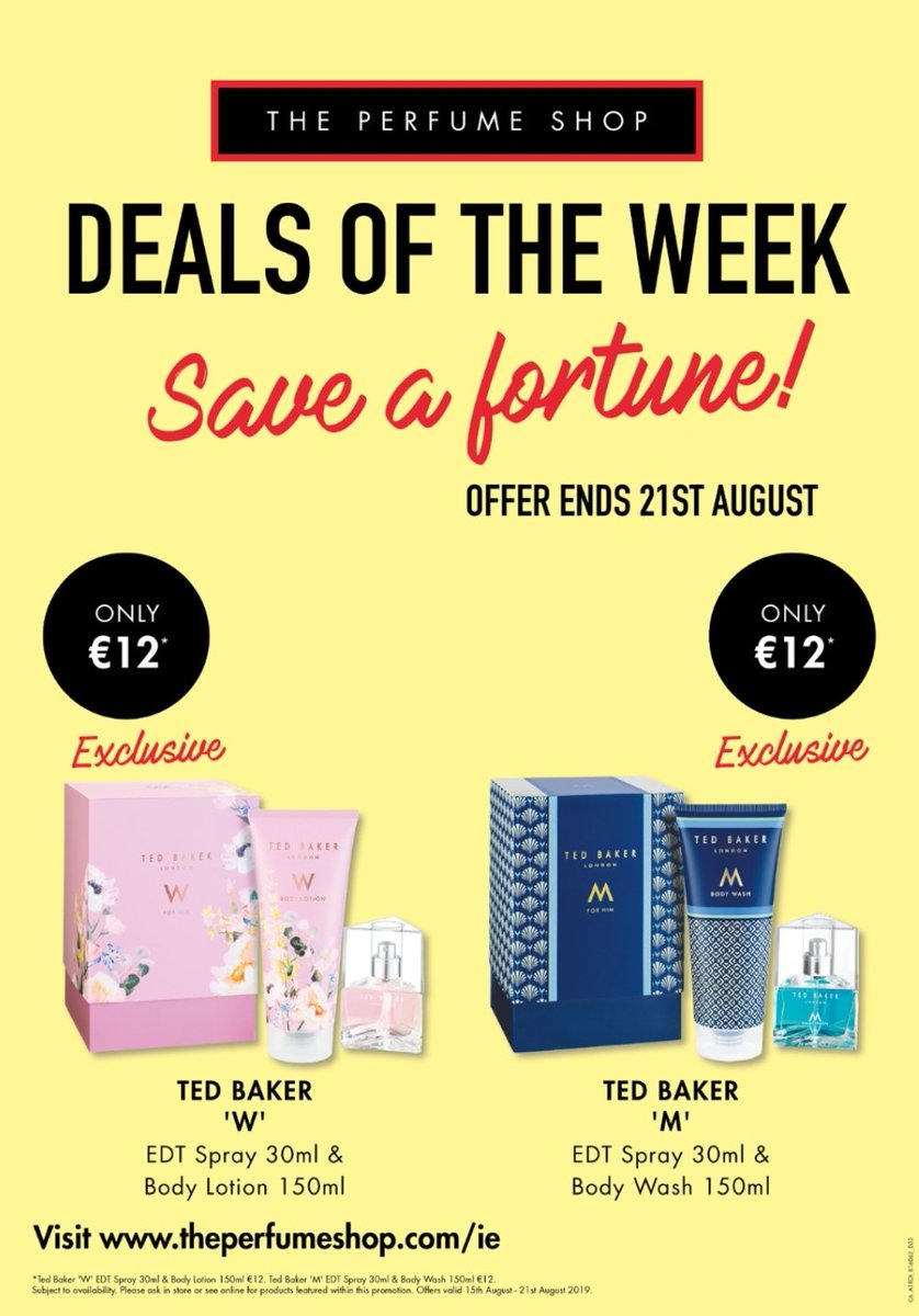 TPSCork129's tweet photo. Just landed!!! DEALS OF THE WEEK
Exclusive @ThePerfumeShop Ted Baker Sets for Her&Him ONLY €12
@TPSCork129 @mahonpointsc
#SaveAFortune https://t.co/HbSyqf0AAa