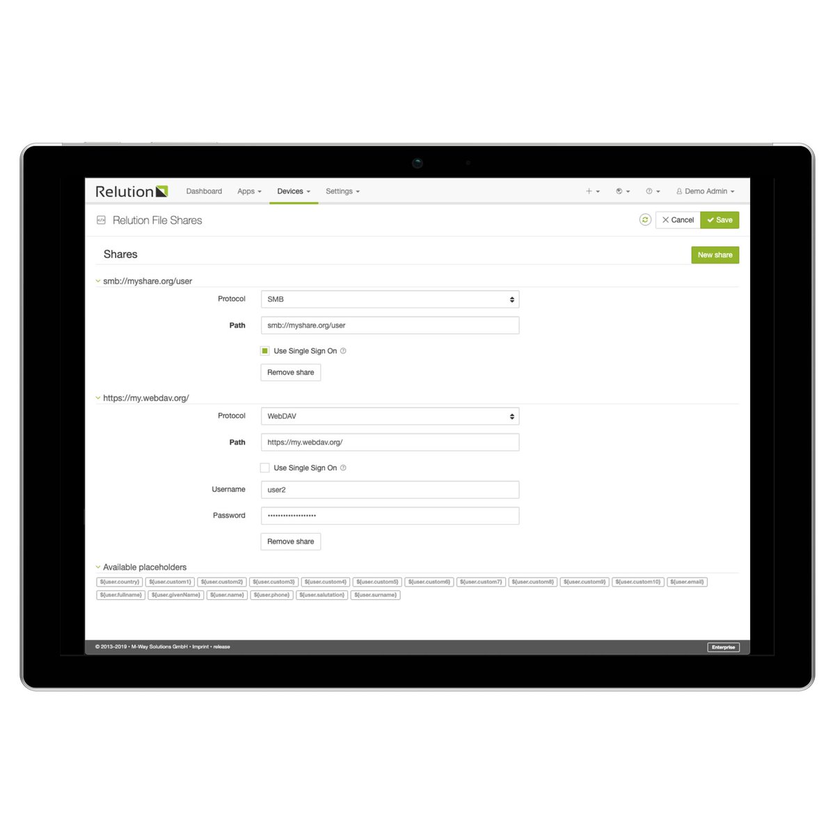 Relution_IO's tweet photo. #Relution 4.50 is available! Use placeholders in auto-enrollments or configure #SMB or #WebDAV shares into the Relution #iOS app (version 4.12 required & coming soon)! #EMM #MAM #edutech #sharedipad #ipadklasse #EUC #EMM #MDM #twitterlehrerzimmer #AppleDEP https://t.co/SLYk8ufiCW