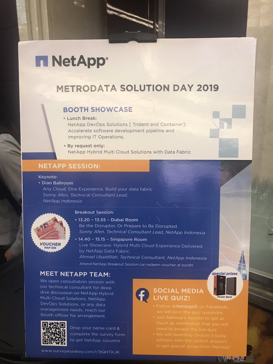 NetAppID's tweet image. Sekarang, ayo berkumpul di Singapore Room! Ahmad Ubaidillah akan segera memulai sesi “Hybrid Multicloud Experience”
Akan ada kuis Facebook juga loh! Jadi jangan sampai ketinggalan #NetApp #NetAppDevOps #NetAppFlash #MSD2019