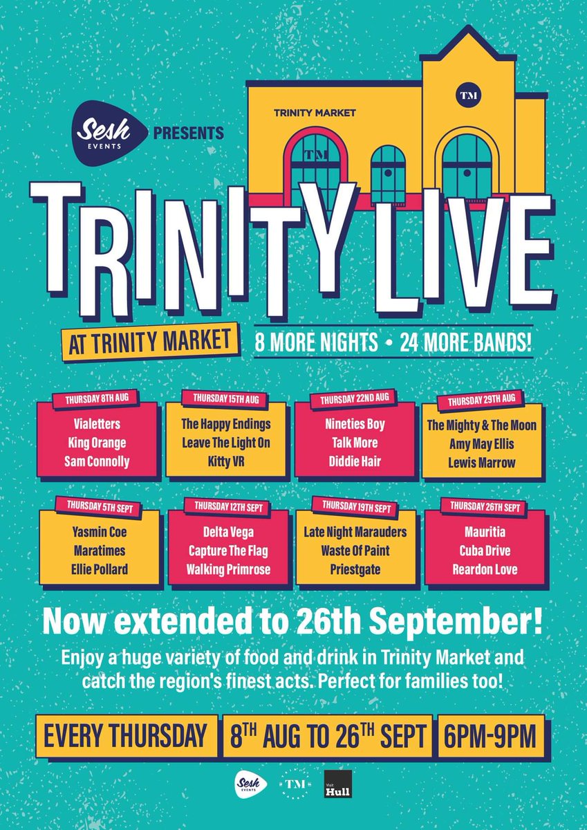 TrinityMarket1's tweet photo. TRINITY LIVE 
EVERY THURSDAY
Trinity Market Hull
FREE ENTRY
6pm - 9pm
FOR ALL AGES

Street food, craft beer and great atmosphere. 
@HumberStSesh 
@bbcburnsy @VisitHull @Hullccnews https://t.co/B9ZNBQwkGv