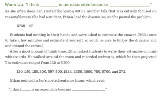 nomad_penguin's tweet photo. 1. An estimation number talk: 657÷30. After circulating and collecting answers on the board, I asked students to write in response to ‘I think ___ is unreasonable because ___.’
(Strategy by Jennifer Clerkin Muhammad; described on p 90 #BecomingMath. ) #math1070 2/n https://t.co/f9ThN42D1O