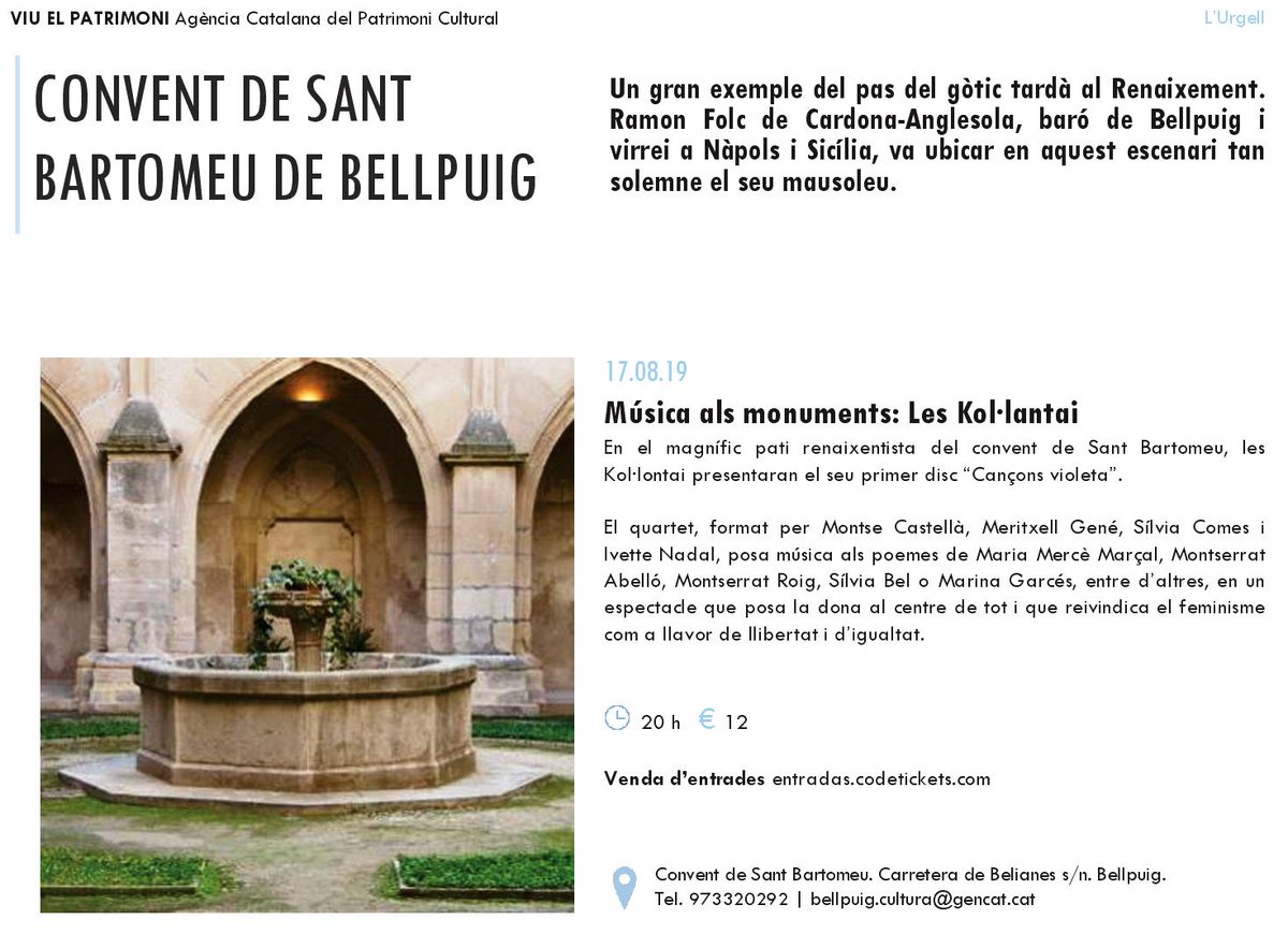 Si vols gaudir d'un concert de Les Kol·lontai 🎶 en un entorn bellíssim... ens veiem al convent de Sant Bartomeu ⛪ de Bellpuig, el pròxim 📅dissabte 17! Aquest estiu☀, viu el Patrimoni!
ℹ️: bit.ly/2JLnBSb <a href="/LesKol_lontai/">Les Kol·lontai</a> <a href="/patrimonigencat/">Patrimoni</a> #Urgell #ADNLleida 💚🌍