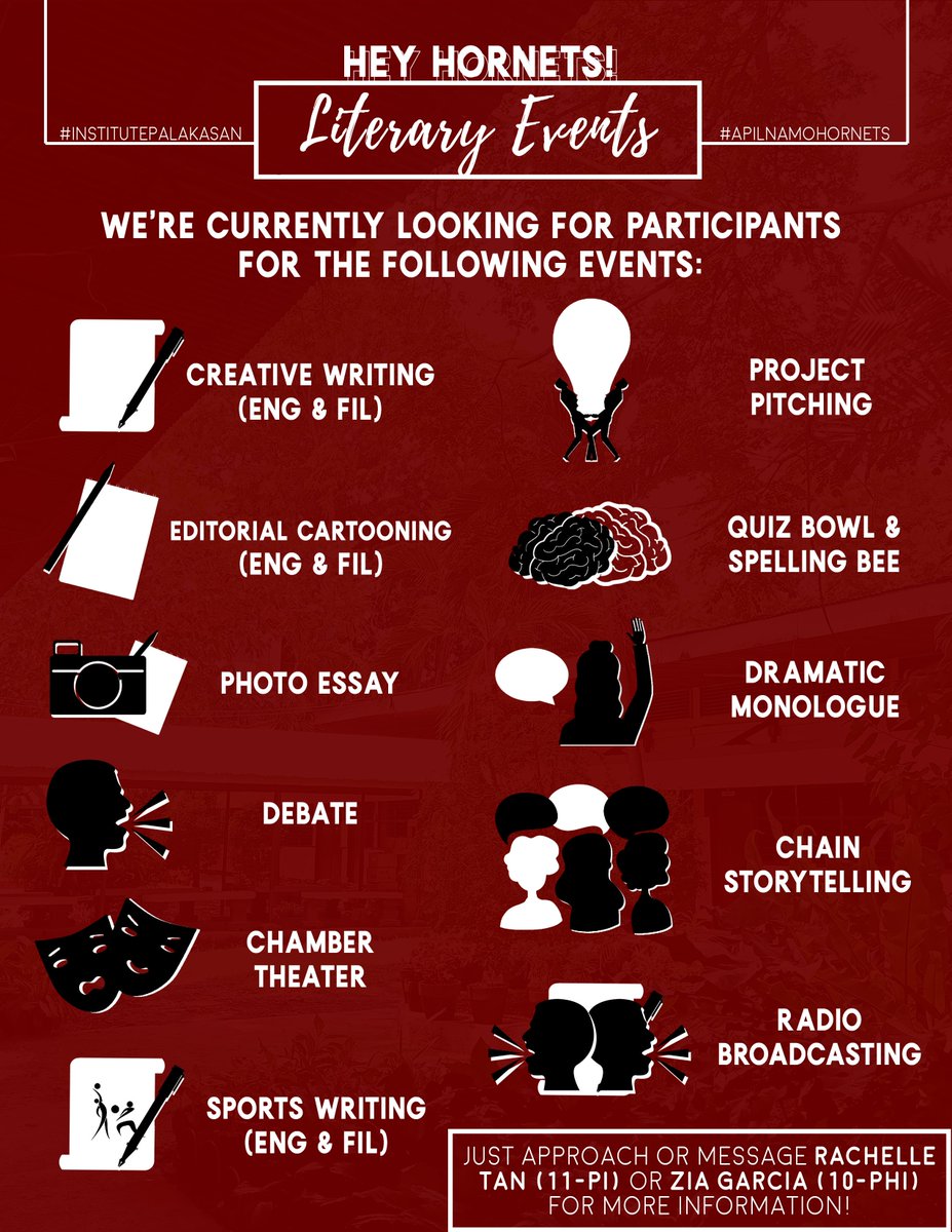 ids_sg's tweet photo. Hey Hornets! We're currently looking for participants in Literary Events (see picture) for the incoming Institute Palakasan! 

Are you interested in any of these events? Approach or message Rachelle Tan (11-Pi) or Zia Garcia (10-Phi) for more details!! https://t.co/fNvmhs93hR