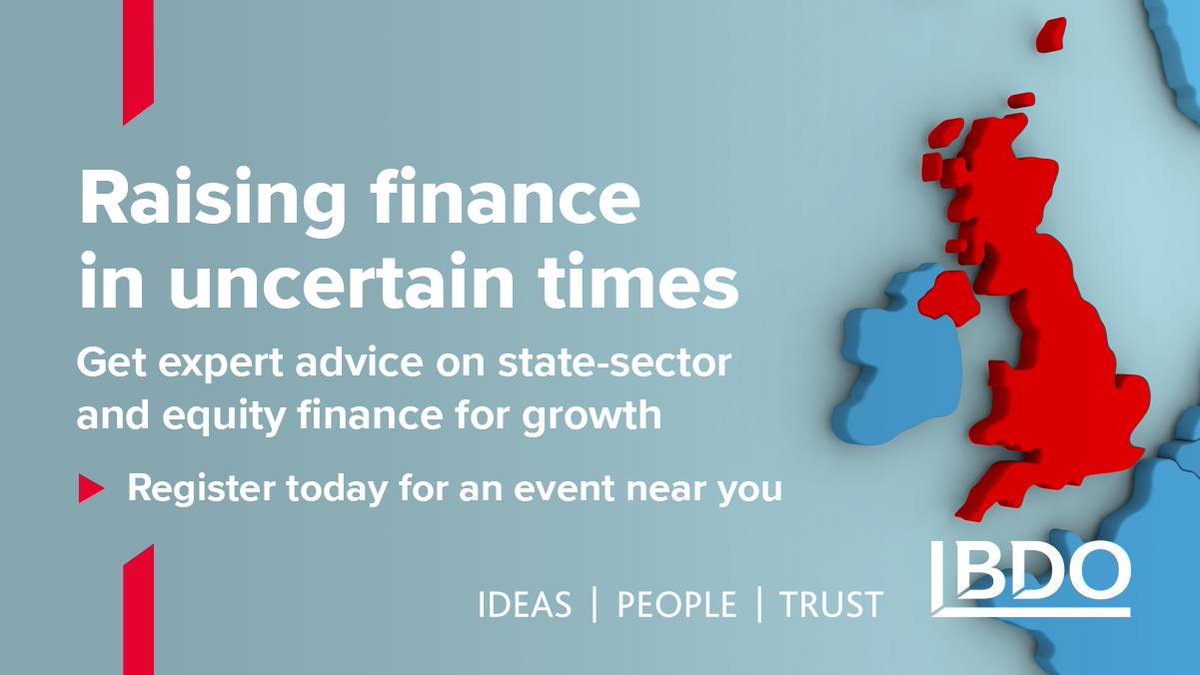 Looking to raise #finance for #growth? Join us on our UK roadshow to learn more about the equity and state-sector finance options available to you. Learn more: bdo.co.uk/en-gb/insights…