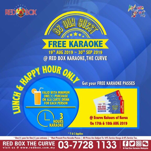 KoloursofKorea's tweet photo. Only at #eCurveKOK19 🥳 Come and visit Red Box Karaoke Booth to claim your FREE karaoke passes!

~ Only 100pcs of FREE karaoke passes each day.
~ FREE karaoke passes only applicable to Red Box Karaoke, The Curve

* T&amp;C Applies 
* More Info 
https://t.co/rZdQKsNvUp

#eCurveKHeat https://t.co/CErzI1eUrX