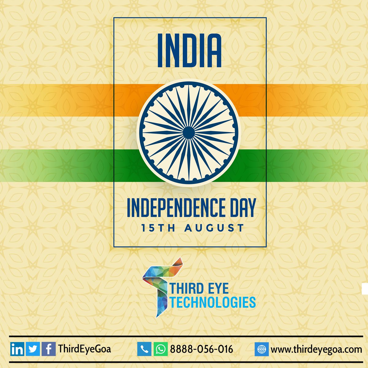 thirdeyegoa's tweet photo. Happy Independence Day 🇮🇳 to all of you !
.
#IndependenceDayIndia #IndependenceDay2019 https://t.co/dlY8OhYMiO