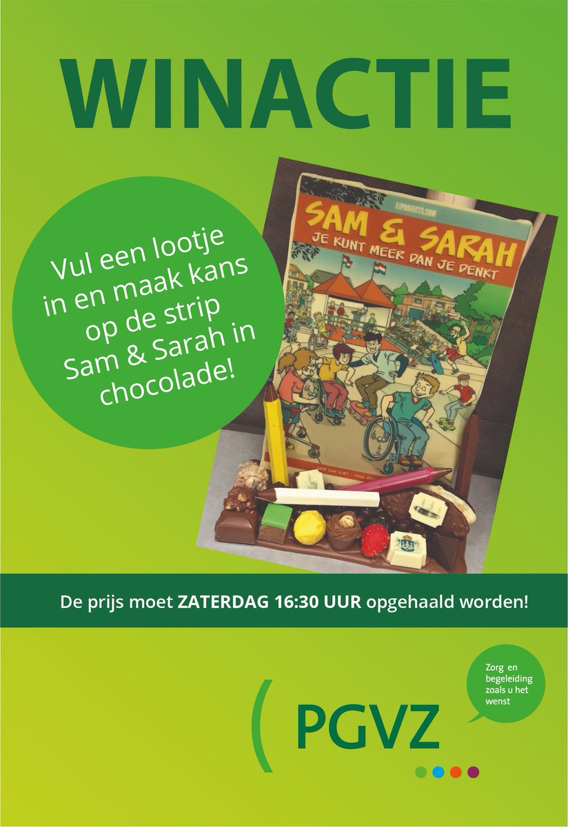 Aanstaande zaterdag zijn wij te vinden op het Stripspektakel  op het Van Heutszplein! Dit staat dit jaar in het teken van het stripboek 'Sam &amp; Sarah. 
Wij verloten het stripboek, maar dan van chocolade. Kom dus langs bij onze stand, vul je lootje in en maak kans!