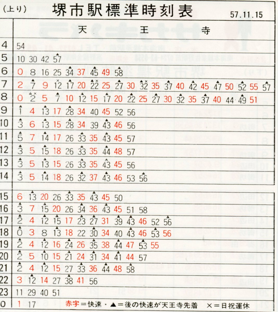 1982年11月15日ダイヤ改定の阪和線堺市駅の標準発車時刻表であるが