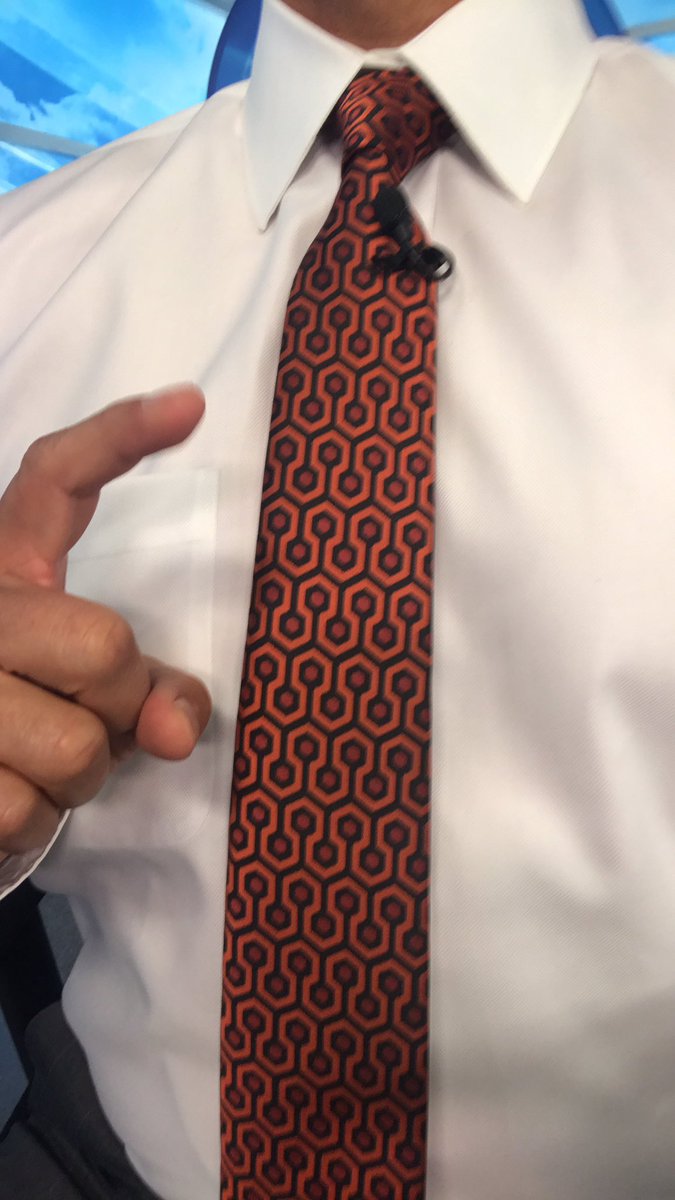 DaveCBSColorado's tweet photo. Wearing my birthday present from my awesome children tonight on #cbs4denver! A tie from the Stanley Hotel in Estes Park! The design is in the carpet at the hotel! #4wx #stanleyhotel #estesparkcolorado #redrum https://t.co/bovzmdHQEN