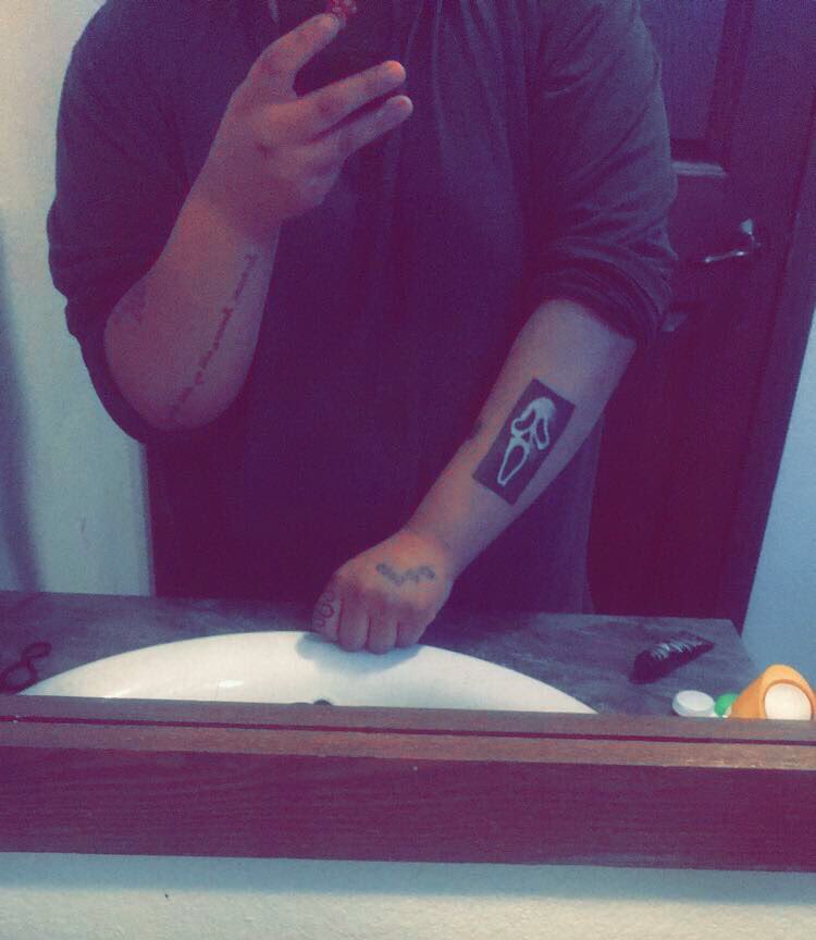 Spookyvonny's tweet photo. i did this ghost face tattoo stick n poke style. I love it. https://t.co/iIQmJYsUAU