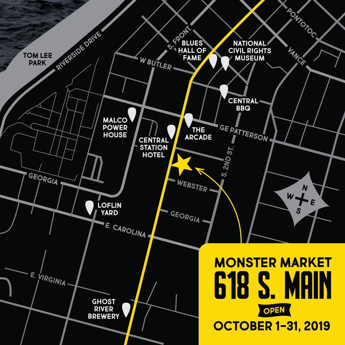 Monster__Market's tweet photo. ✨LOCATION ANNOUNCEMENT!✨ I'm so happy to share the location of Monster Market 2019 will be downtown at 618 S. Main Street! The space is at the end of the newly extended trolley line, with ample parking + wheelchair access! Open October 1-31, 2019! 💀🎃 #memphismonstermarket https://t.co/Rk8Wi39KPX