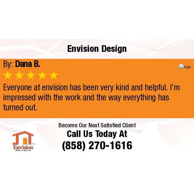 EnvisionSD's tweet photo. 5 Star: Dana B. "Everyone at envision has been very kind and helpful. I'm impressed with the work and the way..." https://t.co/ExUbITiKCA https://t.co/JxXssgS24v