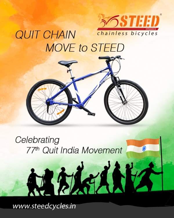 SteedChainless's tweet photo. Quit Chain!
Move to Steed!
Celebrating 77th Quit India Movement!
Steed Dynamics Chainless Bicycles!
https://t.co/V5aSXBdzL7
#ChainlessCycles #SteedDynamicsChainlessCycles #GetFit #Cycling #Efficiency #Sophisticated #QuitIndiaMovement #QuitChain https://t.co/XAhYwzWfFM