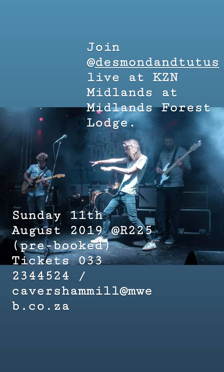 meanderingscoza's tweet photo. Good morning tweeps. Last day before the weekend. Check it out @DesmondandTutus are coming to the #Midlands. Don't want to miss out on this gig 😁 @#cavershammill #music #events https://t.co/C3ZPnZbnxM