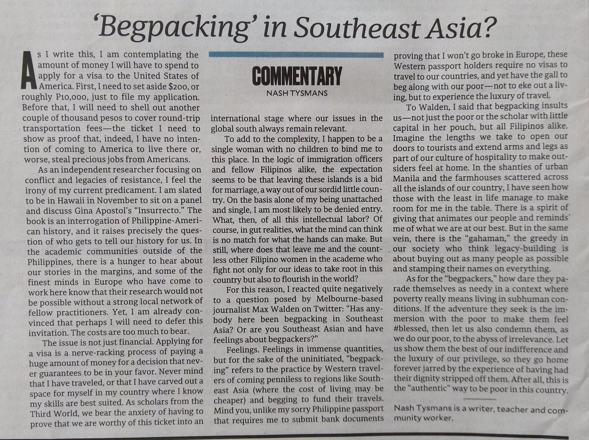 nashtysmans's tweet photo. Back in circulation. Thank you for the space, @inquirerdotnet, and for the inspiration @maxwalden_. Here's the piece on begpacking: https://t.co/p6qZzlqGvL https://t.co/OXgMqAYCPO